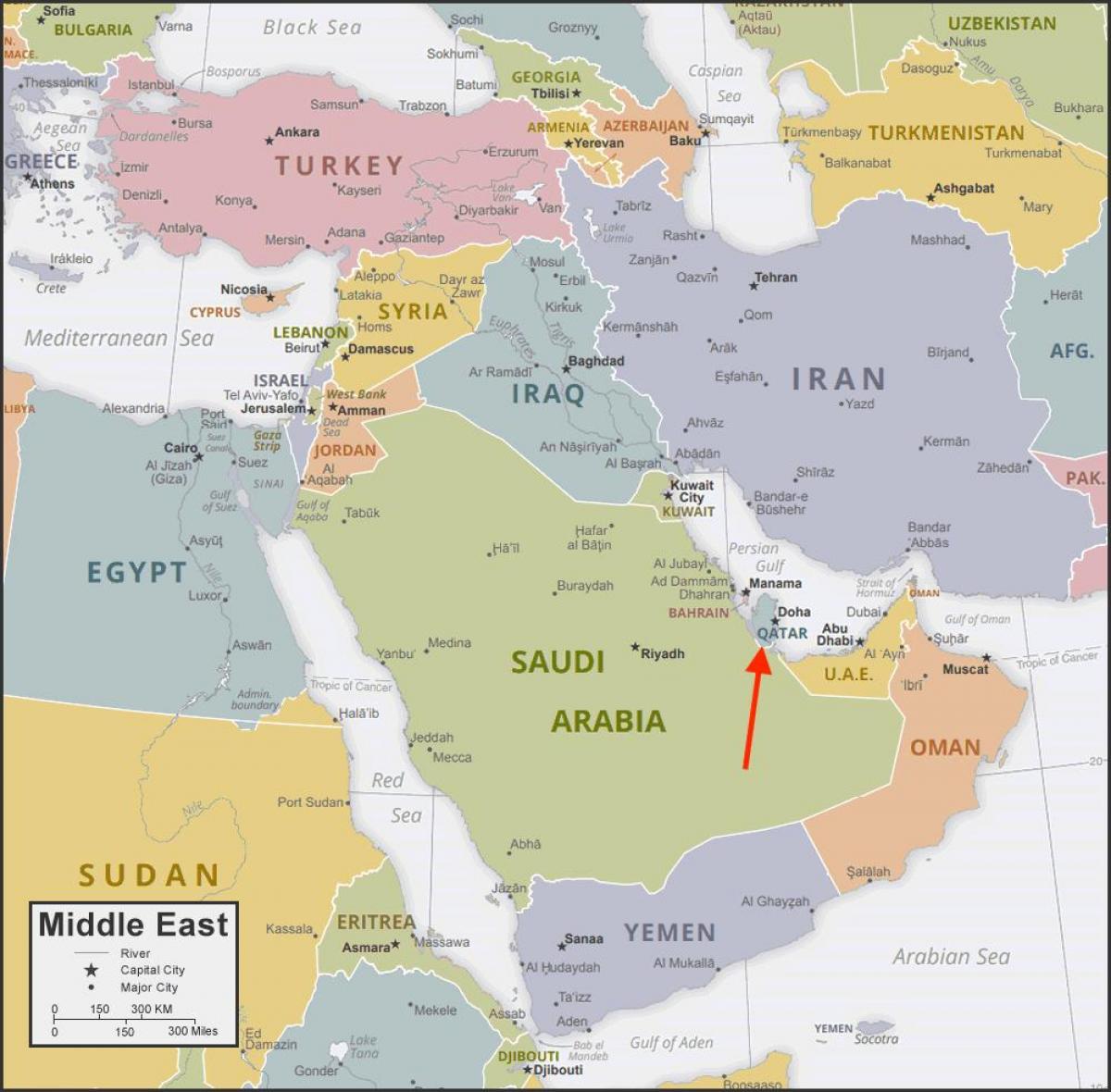 Localização do Qatar no mapa da Ásia Ocidental